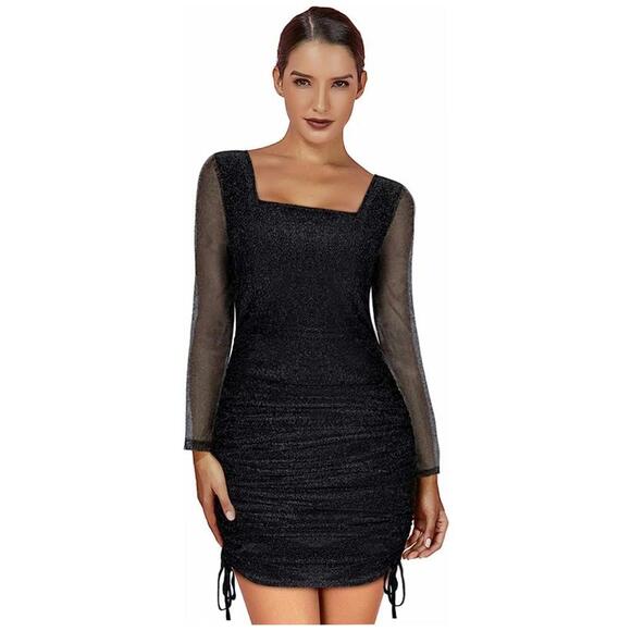 Party Dress Sexy Mesh Long Sleeve Side Drawstring Club Bodycon Dress